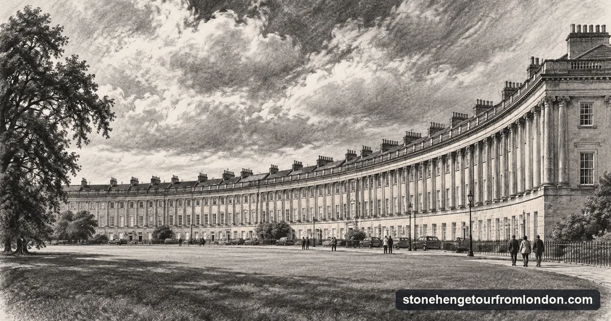 A charcoal drawing of the curved Georgian terrace of the Royal Crescent in Bath
