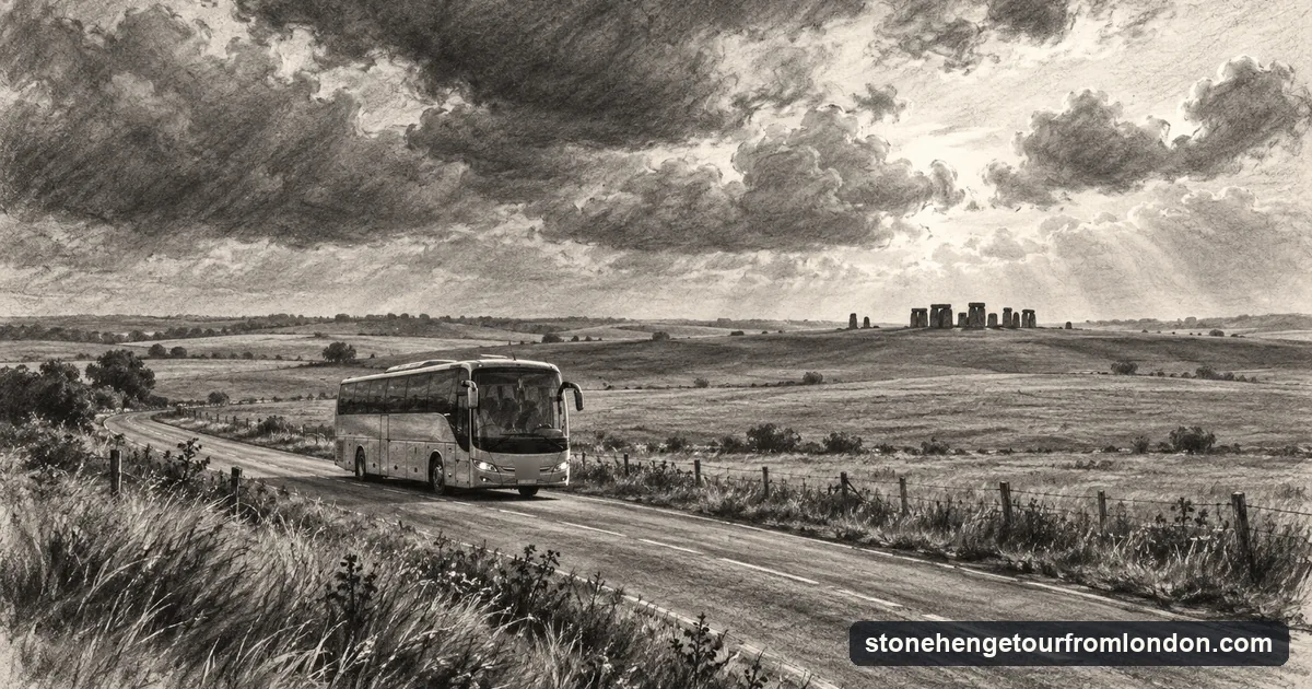 A charcoal drawing of a coach crossing Salisbury Plain with Stonehenge on the horizon