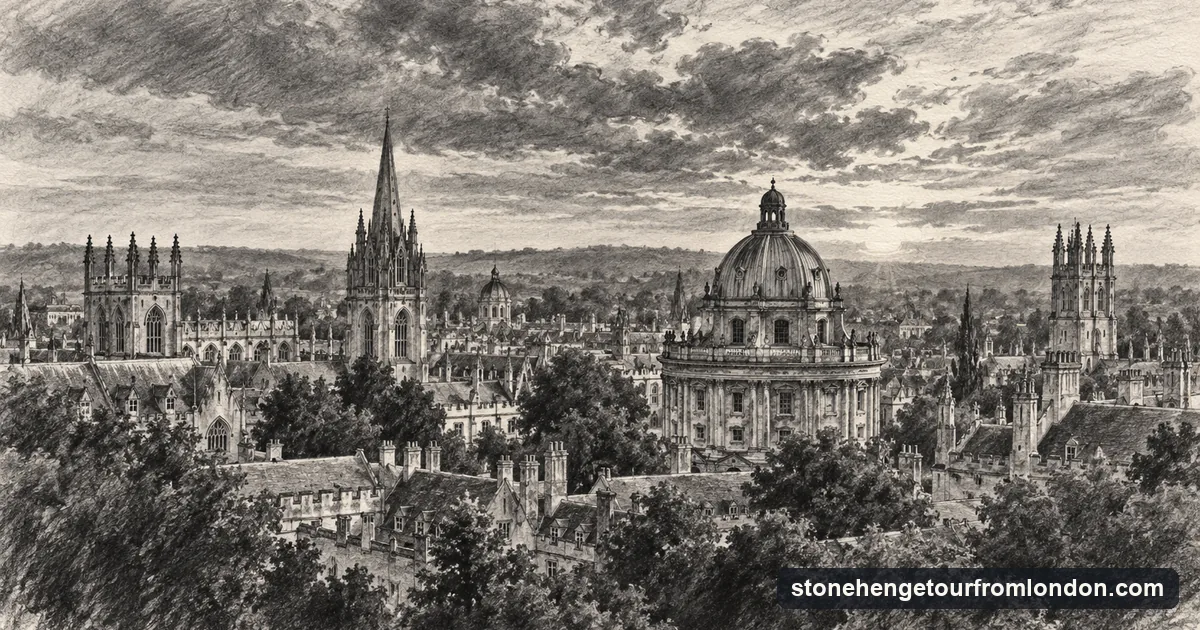 A charcoal drawing of the spires and domes of Oxford's college skyline