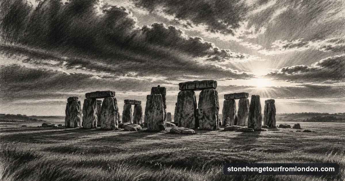 A charcoal drawing of the Stonehenge stone circle at dawn under a dramatic sky