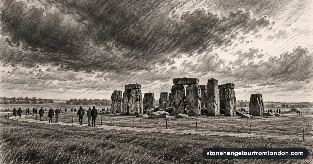 A charcoal drawing of visitors on the roped visitor path around the Stonehenge stone circle